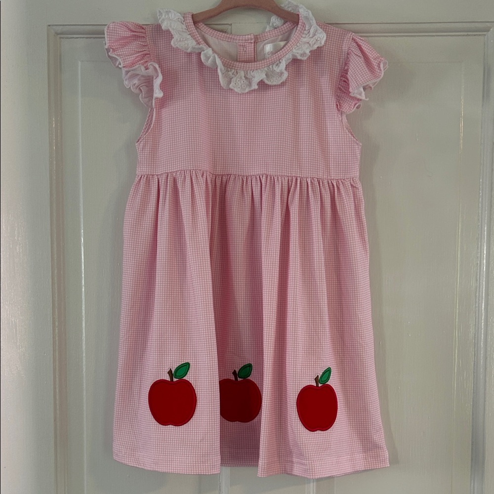 Pink Gingham Kids Dress with Apple Design